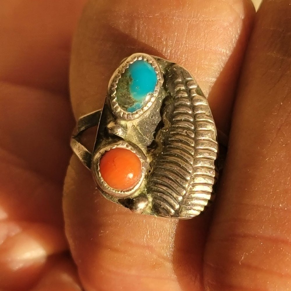 Native American handmade vintage 925 sterling silver turquoise + coral squash bl - Picture 8 of 13
